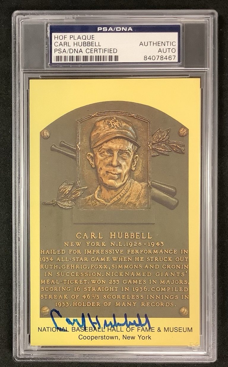Carl Hubbell Signed Plaque Postcard Gold Yellow Baseball Giants Auto PSA/DNA