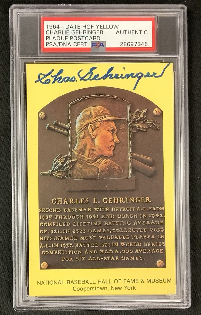Charlie Gehringer Signed Gold HOF Plaque Postcard Tigers Autograph PSA/DNA