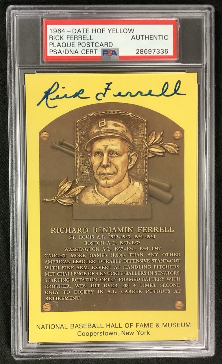 Rick Ferrell Signed Gold Plaque HOF Postcard Yellow Red Sox Autograph PSA/DNA