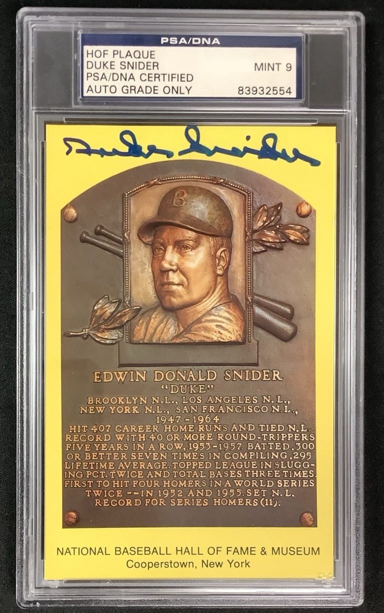 Duke Snider Signed Gold HOF Plaque Postcard Yellow Dodgers Autograph PSA/DNA