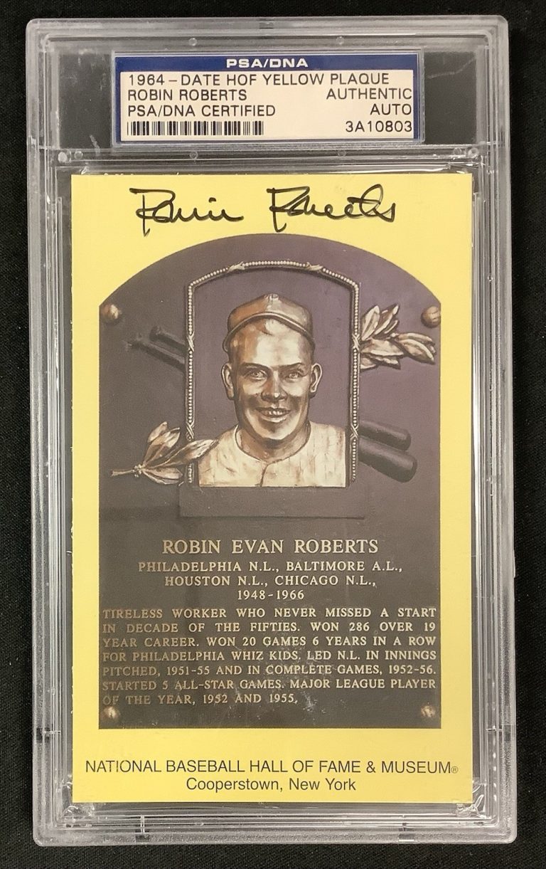 Robin Roberts Signed Gold HOF Plaque Postcard Yellow Autograph Phillies PSA/DNA