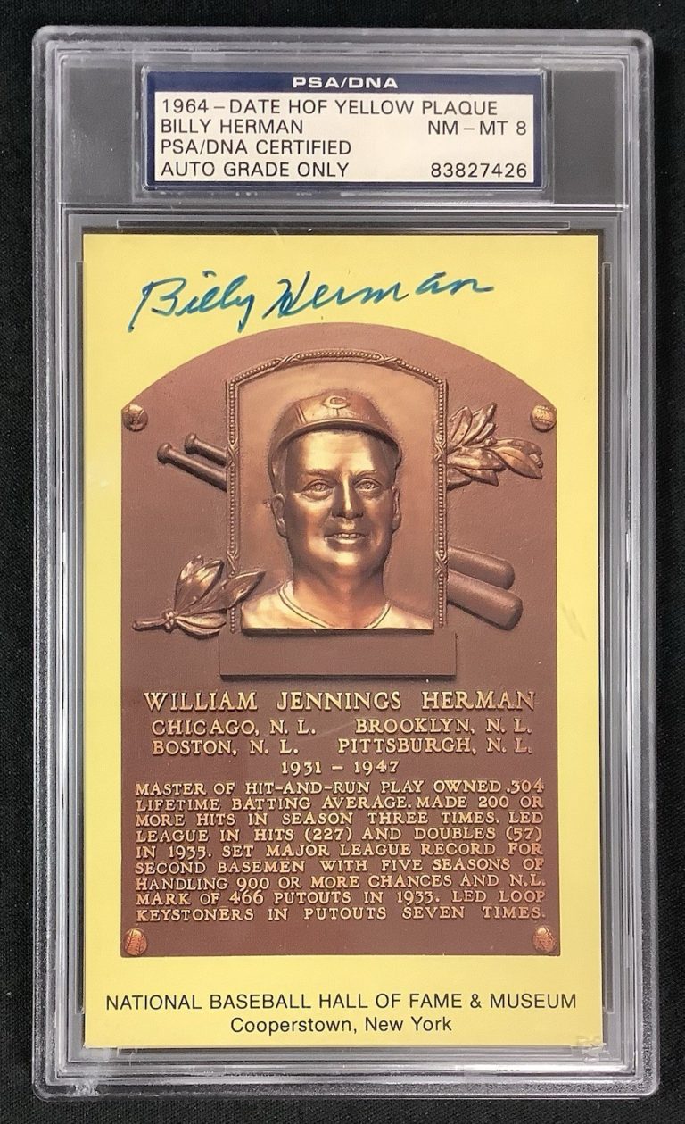 Billy Herman Signed Gold Plaque HOF Postcard Yellow Cubs Autograph PSA/DNA