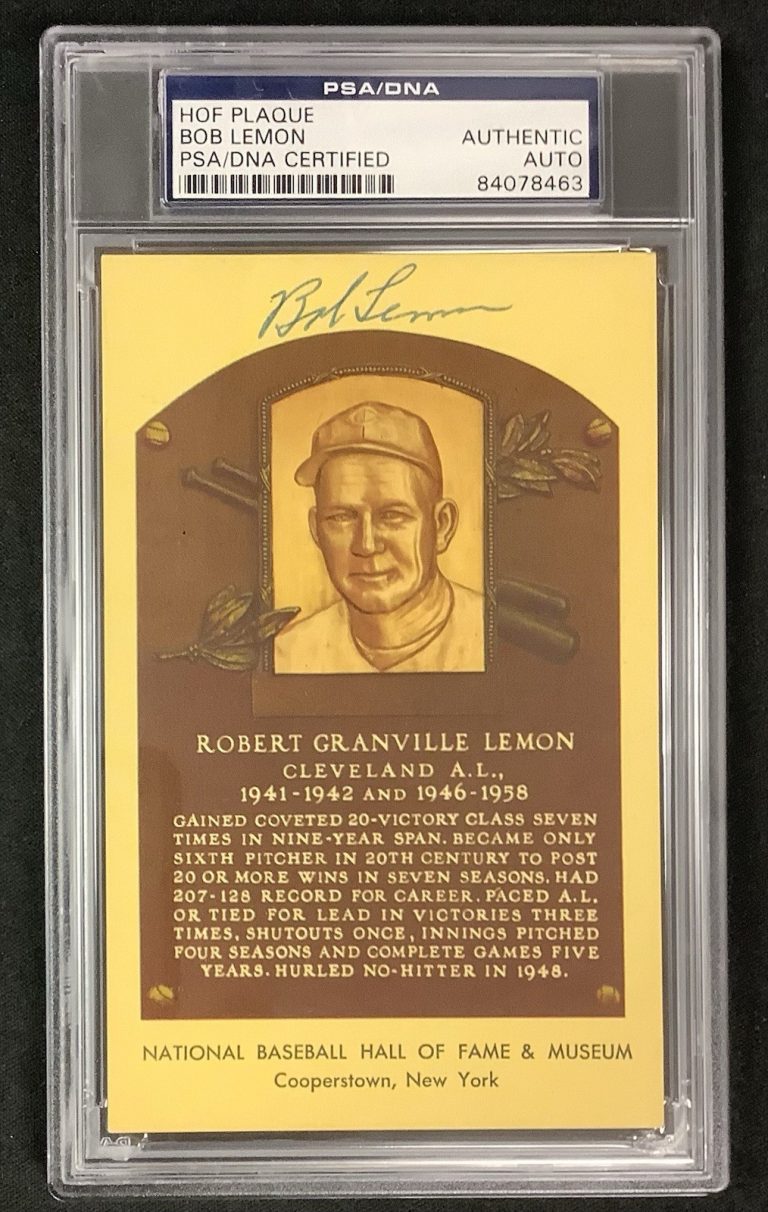 Bob Lemon Signed Gold HOF Plaque Indians Postcard, Yellow Autograph PSA/DNA