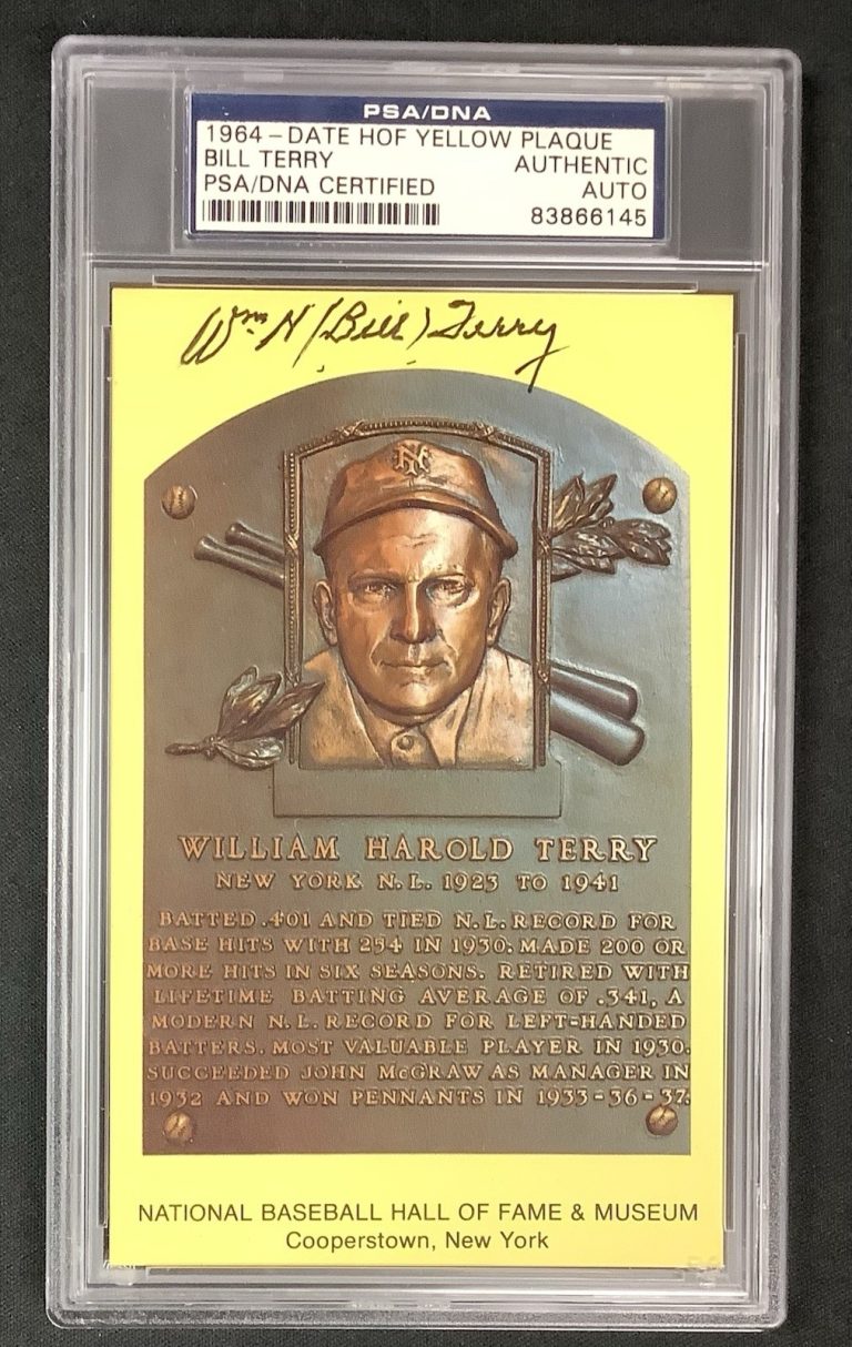 Bill Terry Signed Gold Plaque Postcard HOF Autograph Yellow NY Giants PSA/DNA #3