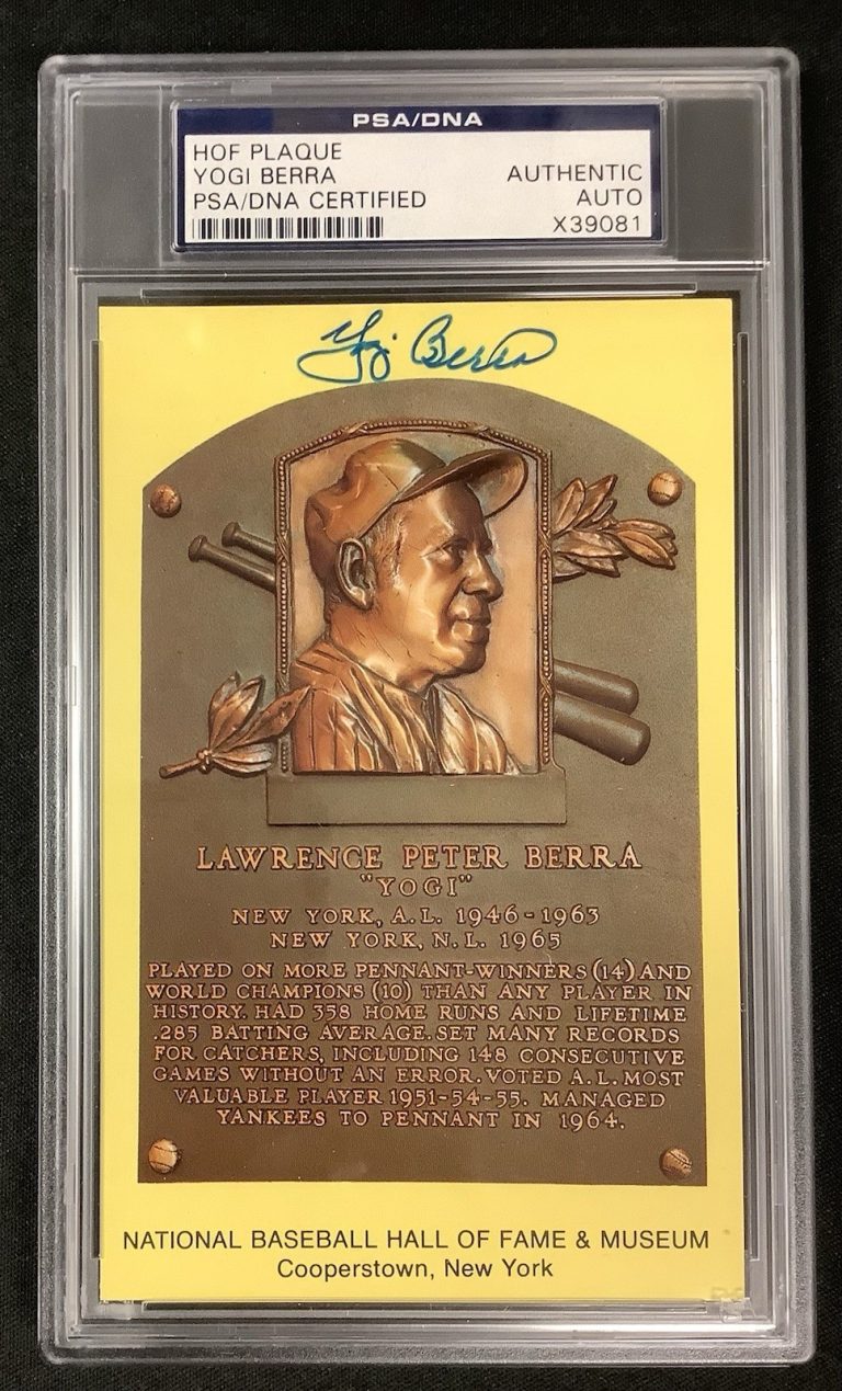 Yogi Berra Signed Gold Plaque Postcard HOF Autograph Yellow Yankees PSA/DNA