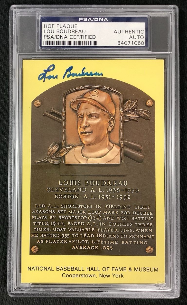 Lou Boudreau Signed Gold Plaque HOF Postcard Yellow Indians Autograph PSA/DNA