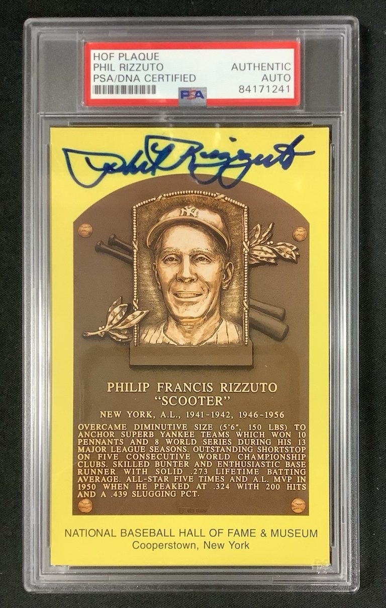 Phil Rizzuto Signed Gold HOF Plaque Postcard Yellow Yankees Autograph PSA/DNA