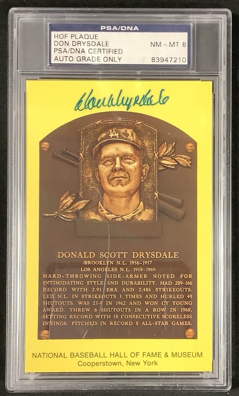 Don Drysdale Signed Gold HOF Plaque Postcard Yellow Dodgers Autograph PSA/DNA