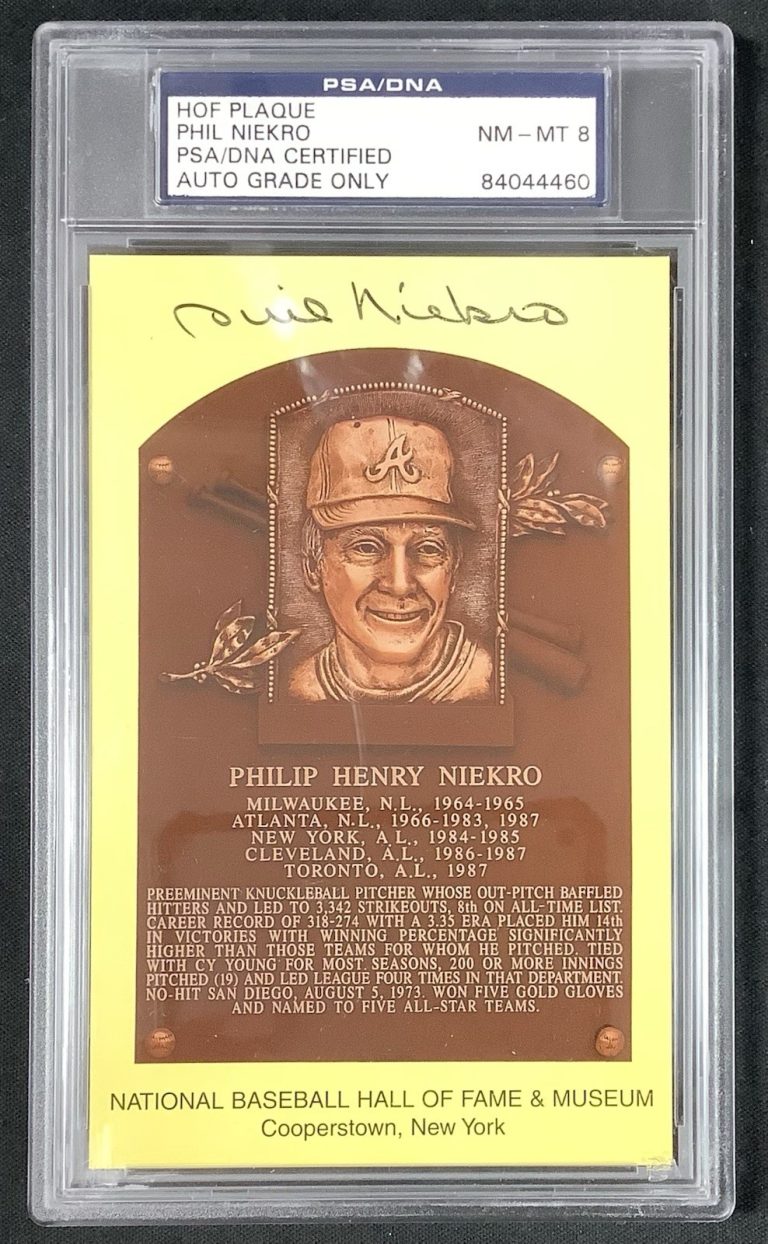 Phil Niekro Signed Gold HOF Plaque Postcard Yellow Braves Autograph PSA/DNA #3