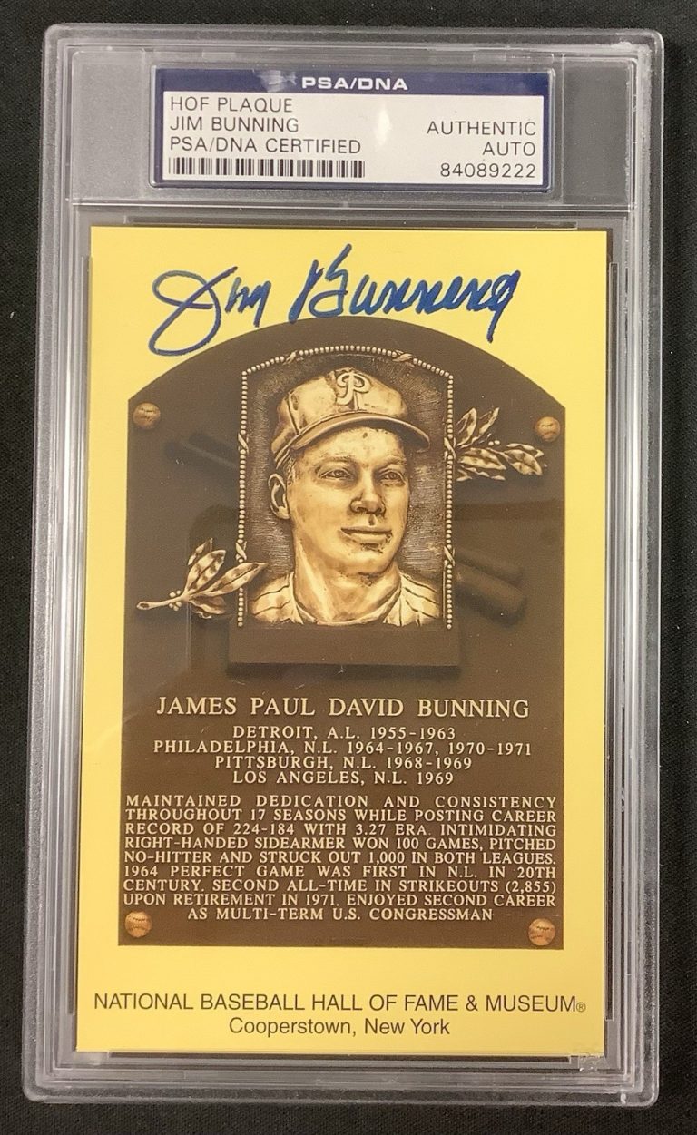 Jim Bunning Signed Gold HOF Plaque Postcard Yellow Autograph Phillies PSA/DNA