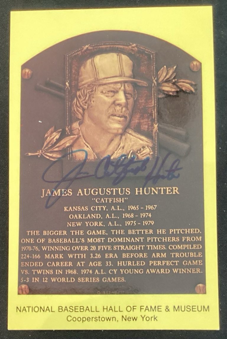 Jim Catfish Hunter Signed Gold HOF Plaque Yankees Postcard Yellow Autograph JSA