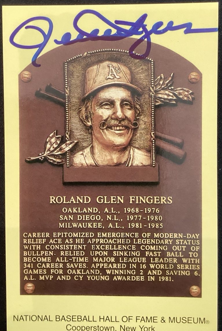Rollie Fingers Signed Gold HOF Plaque Postcard Yellow Oakland A’s Autograph JSA