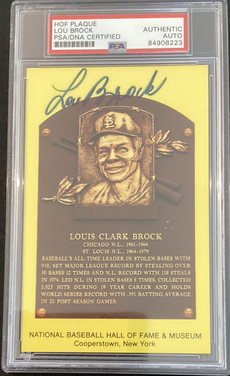Lou Brock Signed Gold HOF Plaque Postcard Yellow Cardinals Autograph PSA/DNA