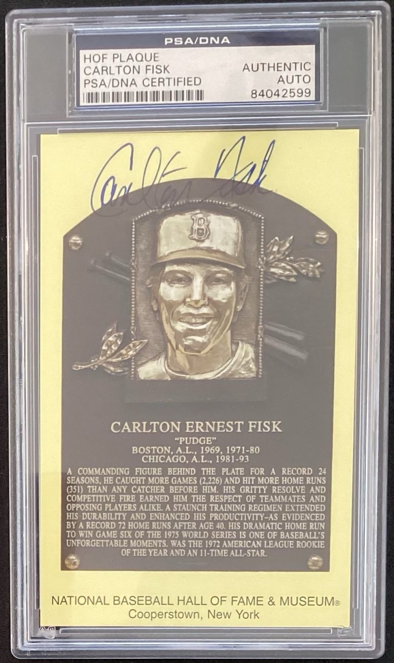Carlton Fisk Signed Gold HOF Plaque Postcard Redsox Yellow Autograph PSA/DNA 2