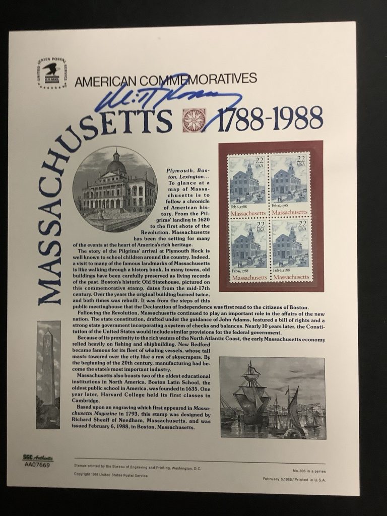 Mitt Romney Signed Stamp Sheet 1988 Massachusetts Commemorative Block SGC TPG #2