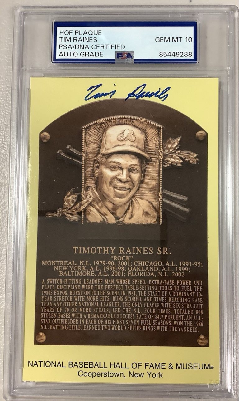 Tim Raines Signed Gold HOF Plaque Postcard Yellow Autograph Yankee PSA/DNA 10