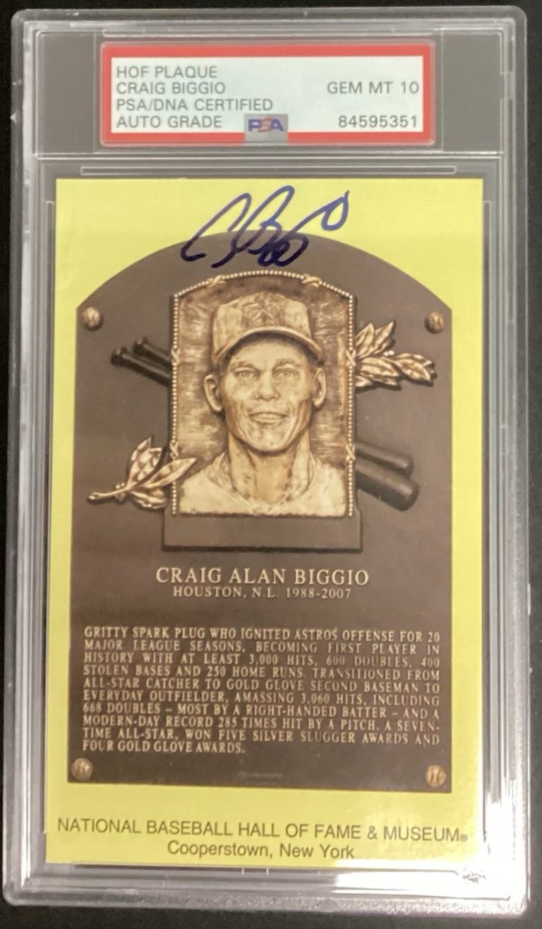 Craig Biggio Signed Gold HOF Plaque Postcard Yellow Astros PSA/DNA Gem Mint 10