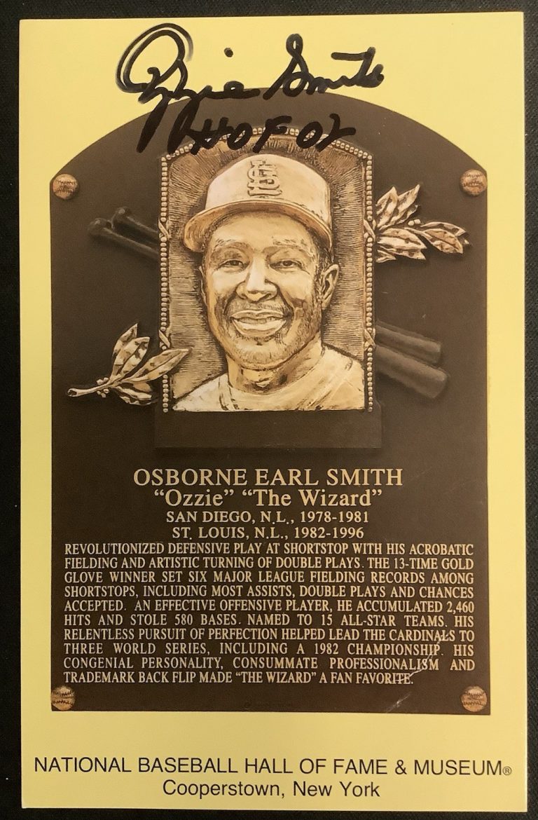 Ozzie Smith Signed Gold HOF Plaque Postcard Yellow Cardinals Autograph Beckett