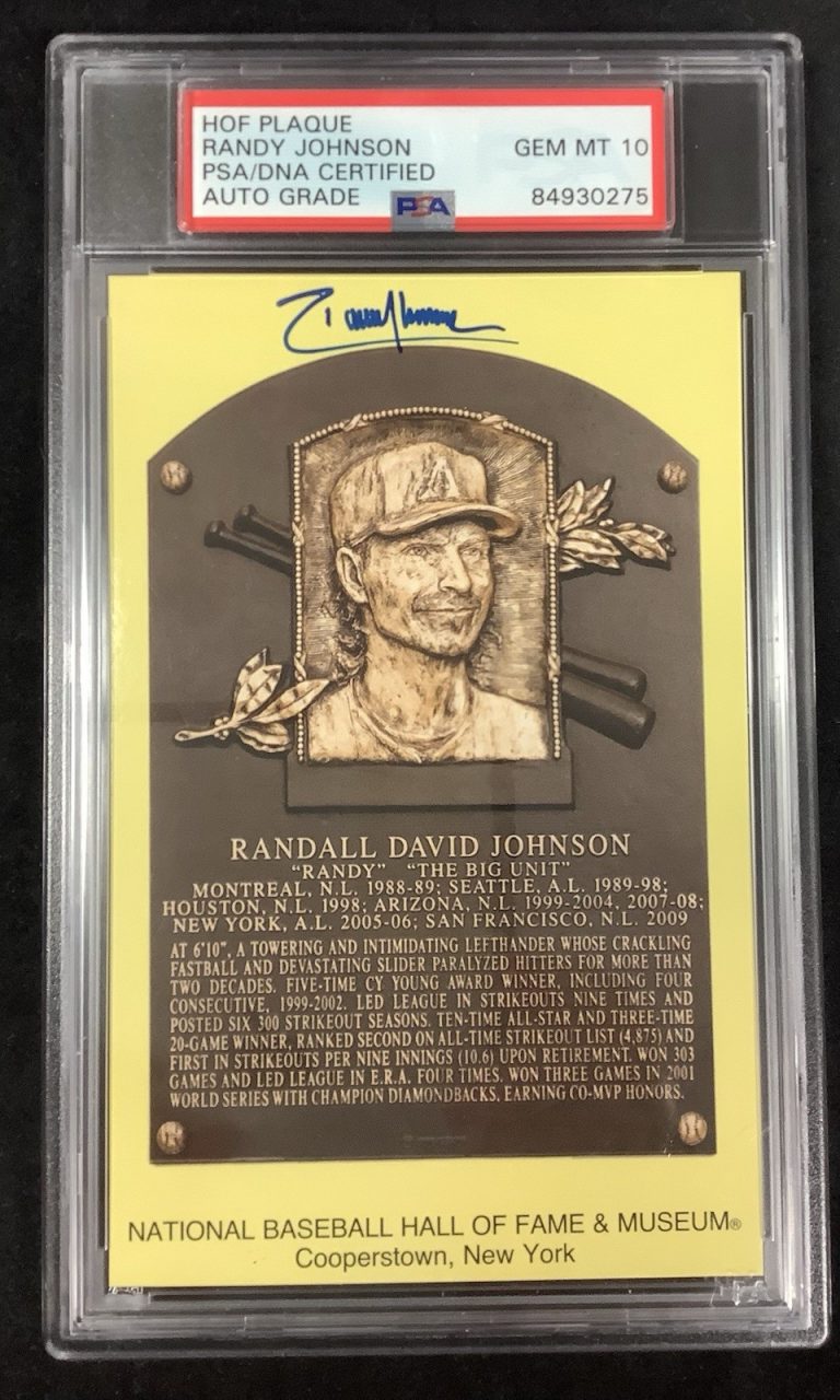 Randy Johnson Signed Gold HOF Plaque Postcard Yellow Mariner PSA/DNA Auto Gem 10