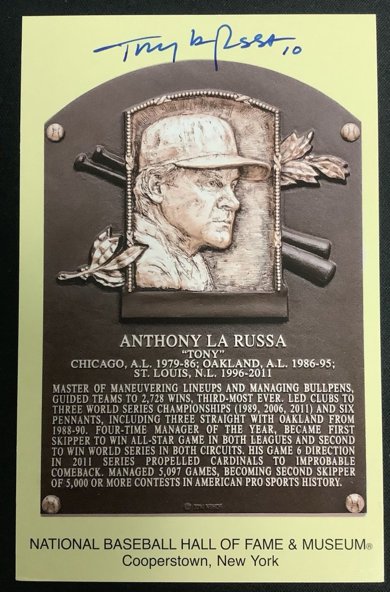 Tony LaRussa Signed Gold HOF Plaque Postcard Yellow Chicago Cubs Autograph JSA