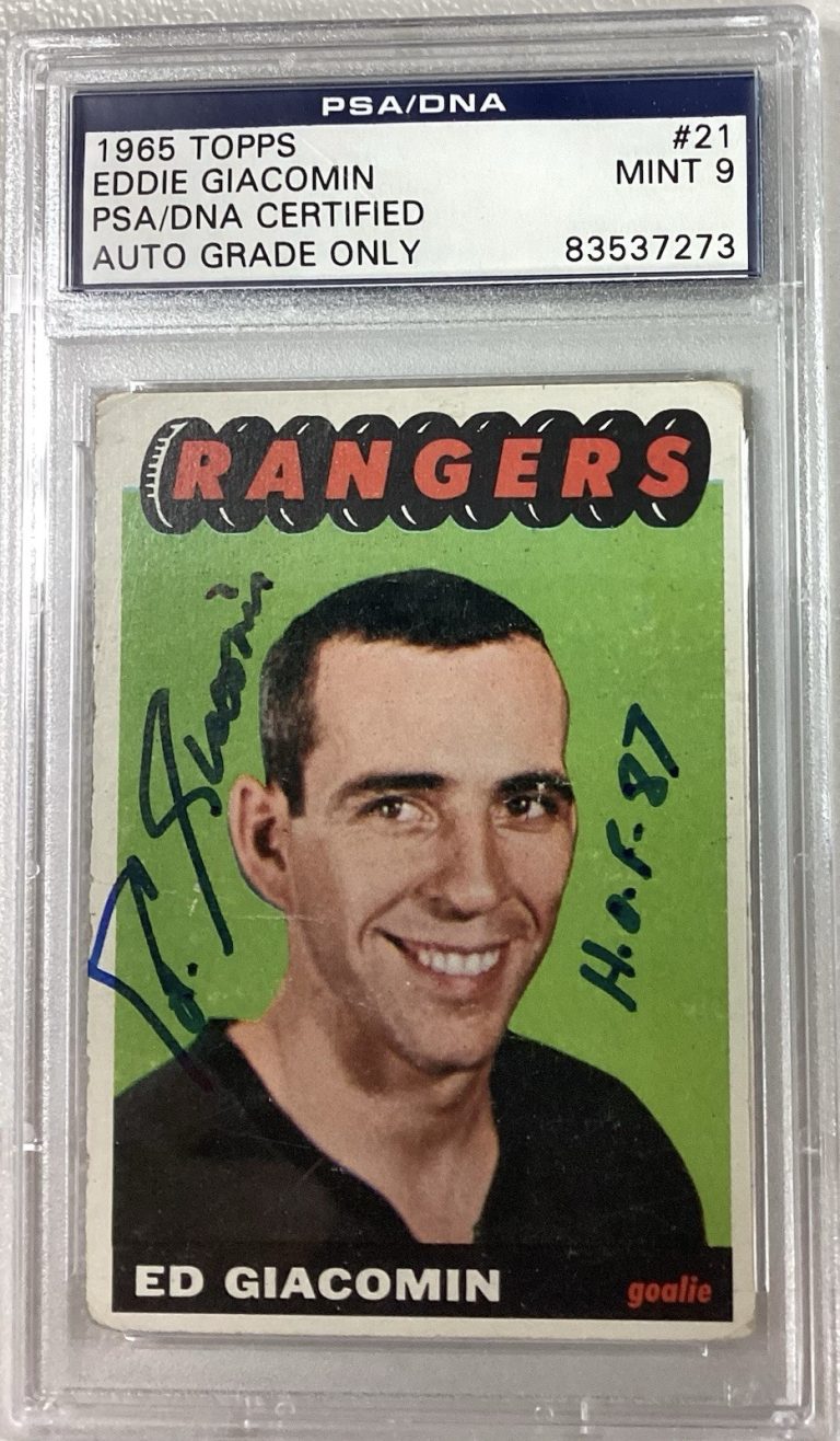 Eddie Giacomin Signed 1965 Topps #21 Rookie Card Rangers HOF PSA/DNA Auto Mint 9