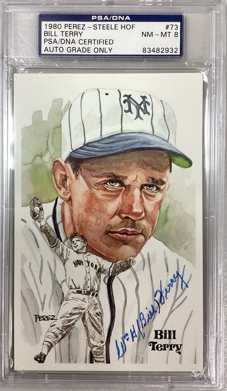 Bill Terry Signed Perez Steele Postcard NY Giants Baseball Autograph PSA/DNA 8
