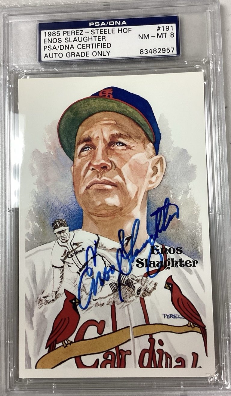 Enos Slaughter Signed Perez Steele Postcard Baseball Cards Autograph PSA/DNA 8