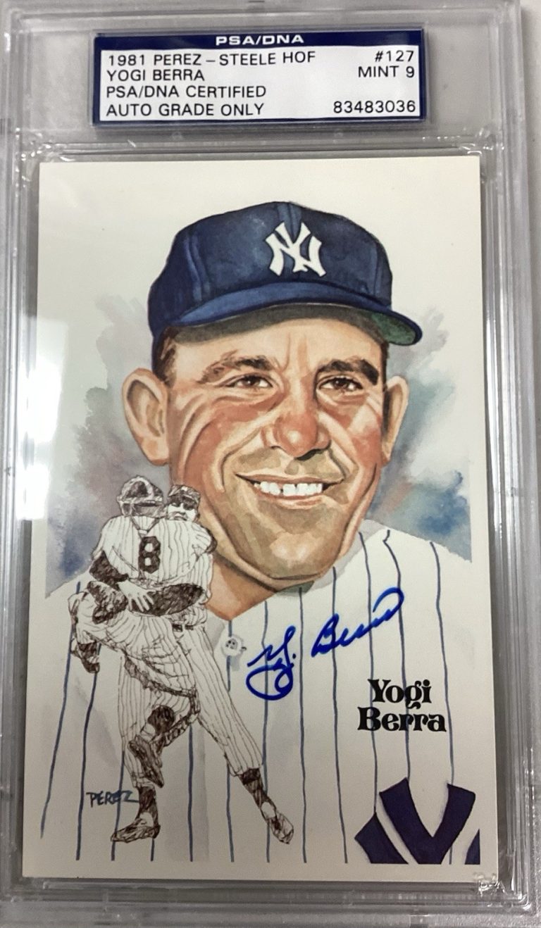 Yogi Berra Signed Perez Steele Postcard Baseball Yankees HOF Autograph PSA/DNA 9