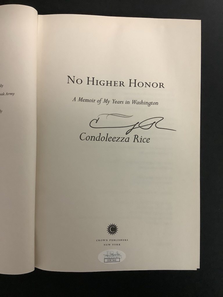 Condoleezza Rice Signed Book No Higher Honor Secretary Of State HCB 1st 2011 JSA