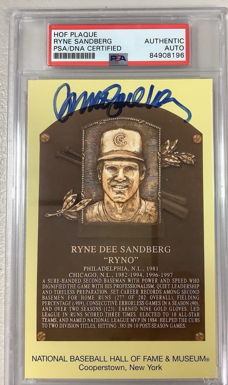 Ryne Sandberg Signed Gold HOF Plaque Postcard Yellow Cubs Autograph PSA/DNA