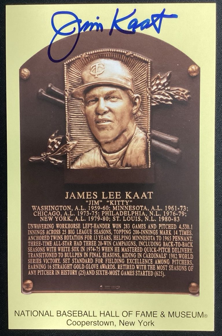Jim Kaat Signed Gold HOF Plaque Postcard Yellow Senators Twins Autograph TPG