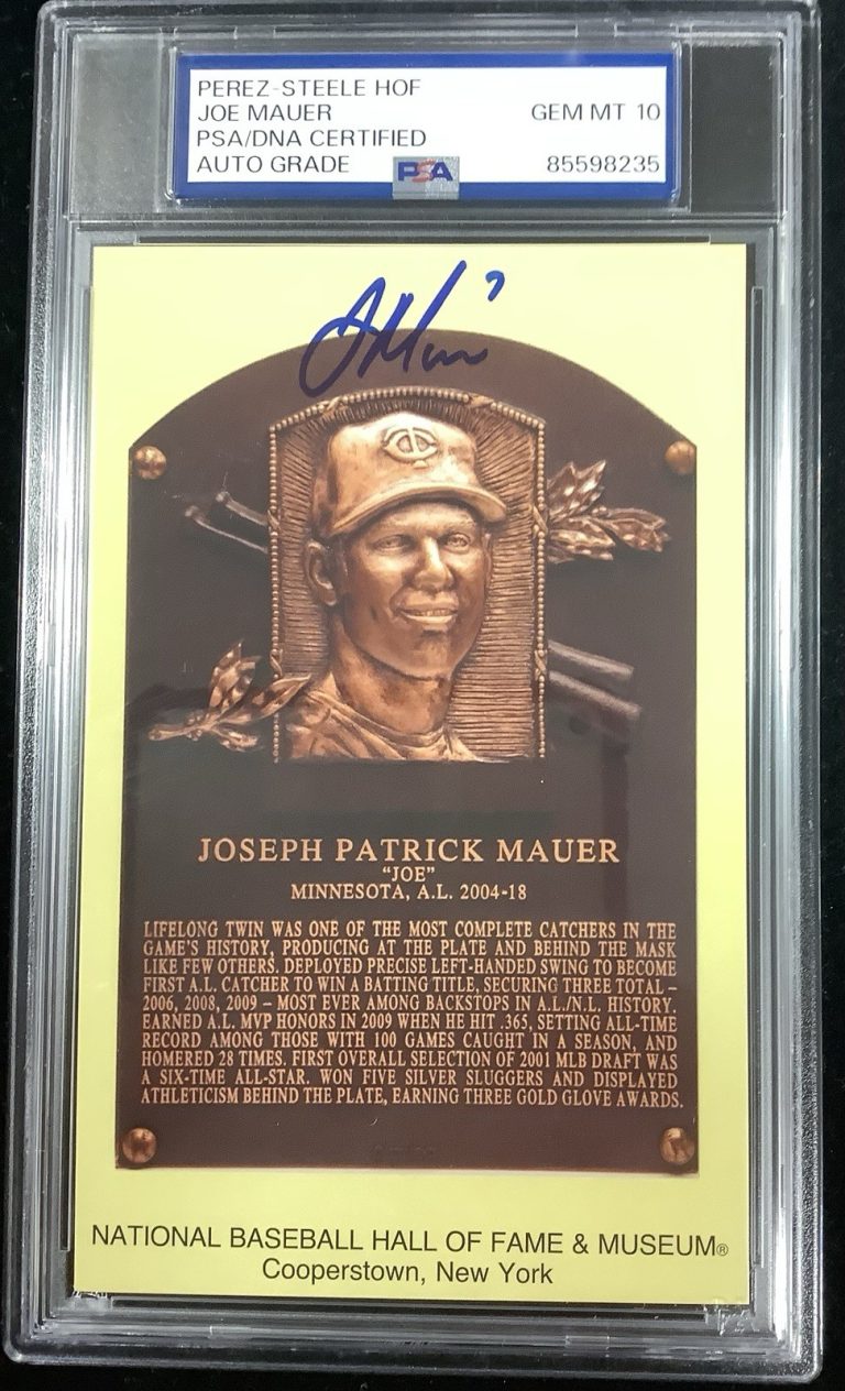 Joe Mauer Signed Gold HOF Plaque Postcard Yellow Ranger Autograph PSA/DNA 10