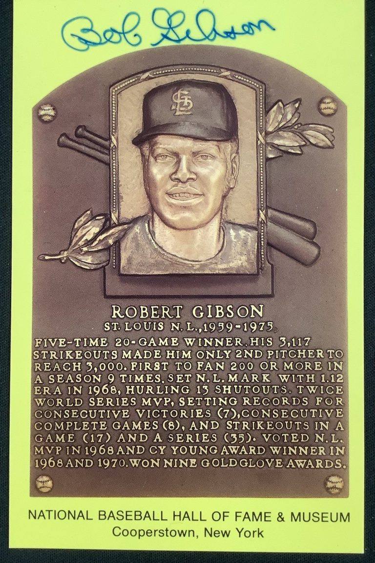 Bob Gibson Signed Gold Plaque HOF Postcard Yellow Cardinals Autograph JSA