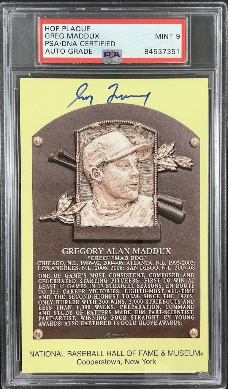 Greg Maddux Signed Gold Plaque HOF Postcard Yellow Braves Autograph PSA/DNA 9