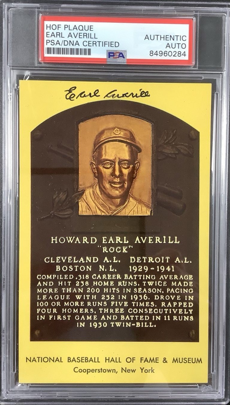 Earl Averill Signed Gold Plaque HOF Postcard Yellow Indians Autograph PSA/DNA