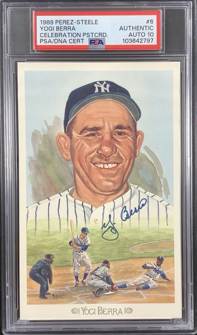 Yogi Berra Signed Perez Steele Celebration Postcard Yankees PSA/DNA Auto Gem 10