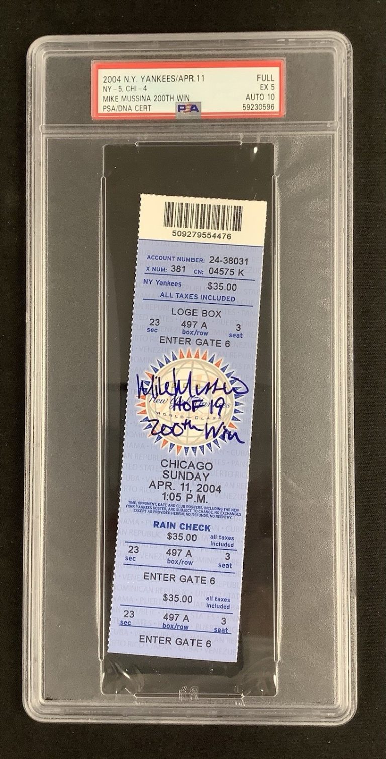 Mike Mussina Signed Full Ticket 4/11/04 200th Win HOF PSA/DNA Auto 10 Tix EX 5