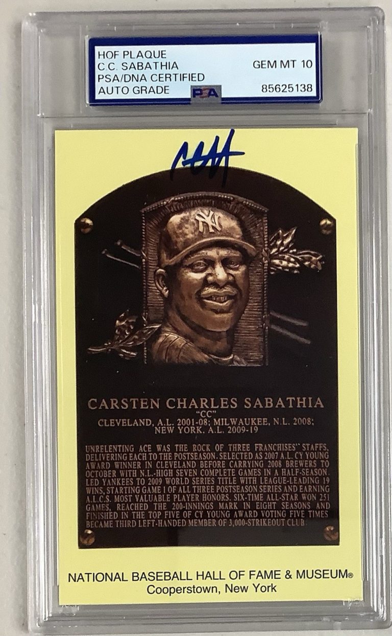 CC Sabathia Signed Gold HOF Plaque Yankees Postcard Yellow Autograph PSA/DNA 10
