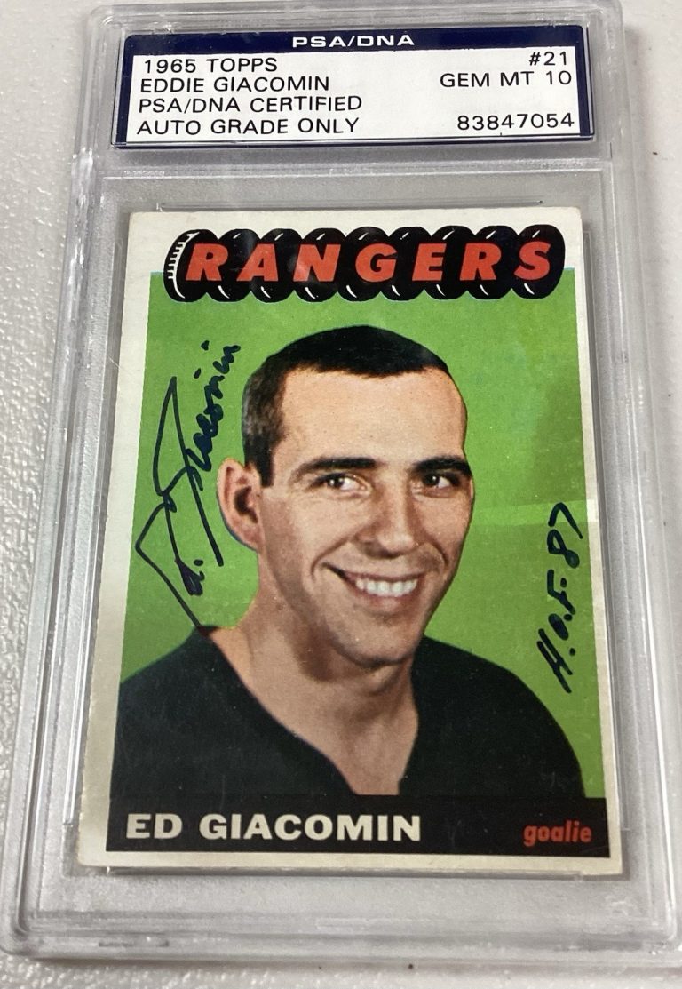 Eddie Giacomin Signed 1965 Topps #21 Rookie Card Rangers Autograph PSA/DNA 10