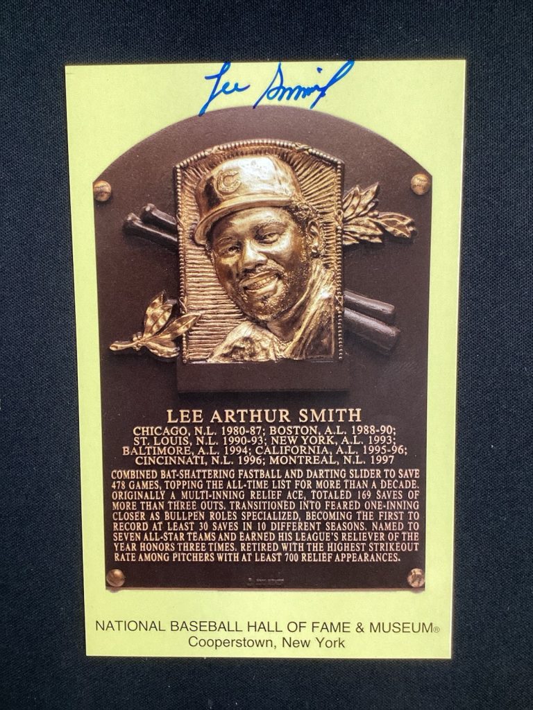Lee Smith Signed Gold HOF Plaque Postcard Yellow Autograph Chicago Cubs HOF JSA