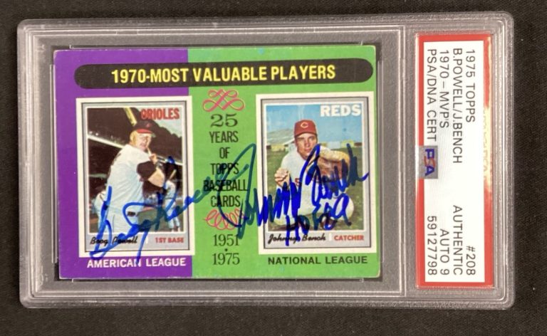 Johnny Bench Signed 1975 Topps #208 Baseball Card Boog Powell Autograph PSA/DNA9