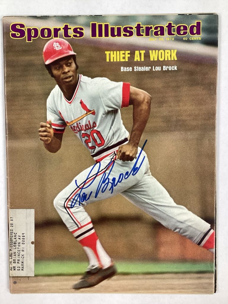 Lou Brock Signed Sports Illustrated 7/22/74 Cardinals HOF Baseball Autograph JSA