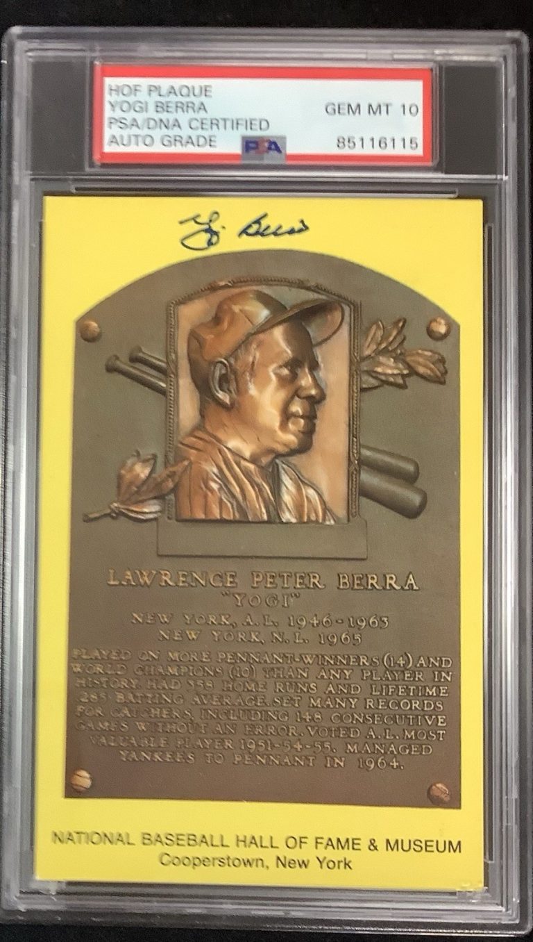 Yogi Berra Signed Gold Plaque Postcard HOF Autograph Yellow Yankees PSA/DNA 10