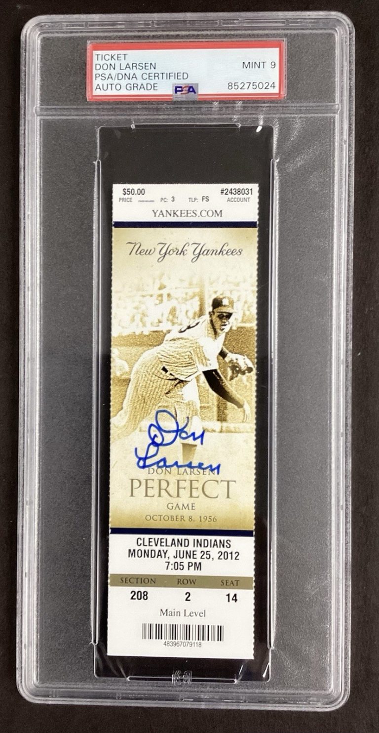 Don Larsen Signed Ticket Full Yankees Perfect Game 8/8/56 Comm PSA/DNA Auto 9