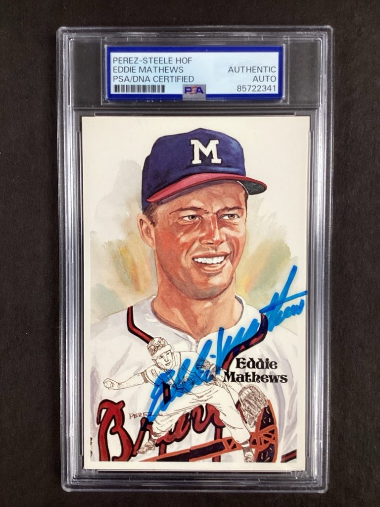 Eddie Mathews Signed Perez Steele Postcard Brewers Baseball HOF Auto PSA/DNA