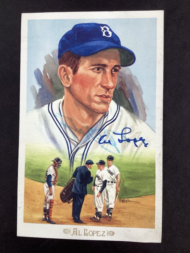 Al Lopez Signed Perez Steele Celebration Postcard Dodgers HOF DAMAGE TPG #4
