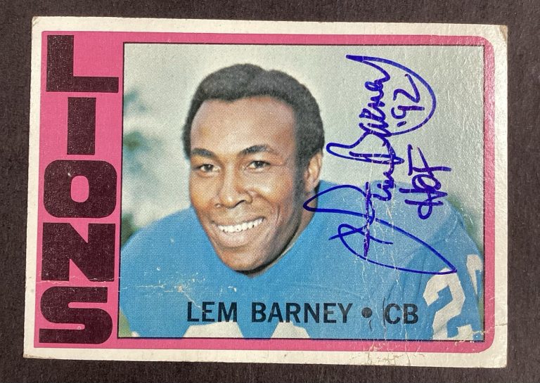 Lem Barney Signed 1972 Topps #42 Football Card Lions HOF 92 NFL Autograph TPG