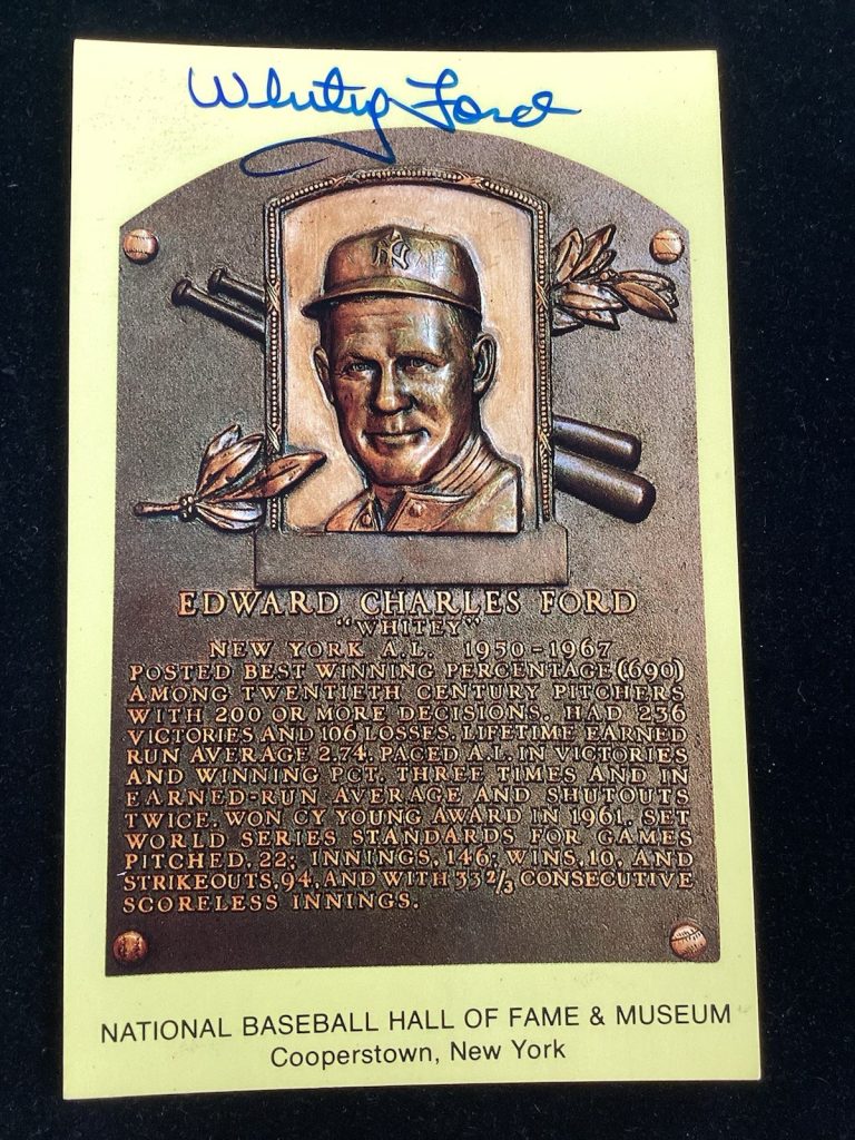 Whitey Ford Signed Gold HOF Plaque Postcard Yellow NY Yankees Autograph JSA #1