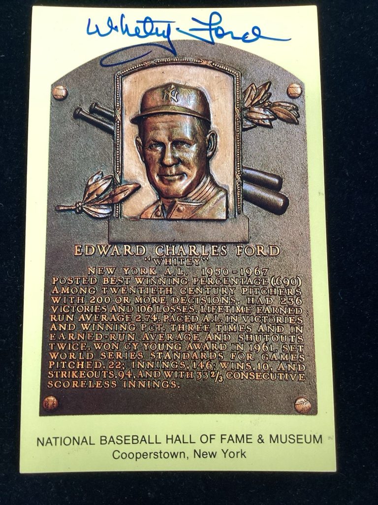 Whitey Ford Signed Gold HOF Plaque Postcard Yellow NY Yankees Autograph JSA #2