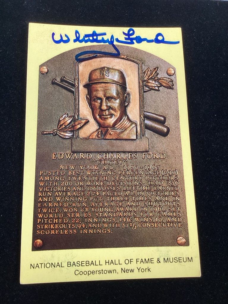 Whitey Ford Signed Gold HOF Plaque Postcard Yellow NY Yankees Autograph JSA #3